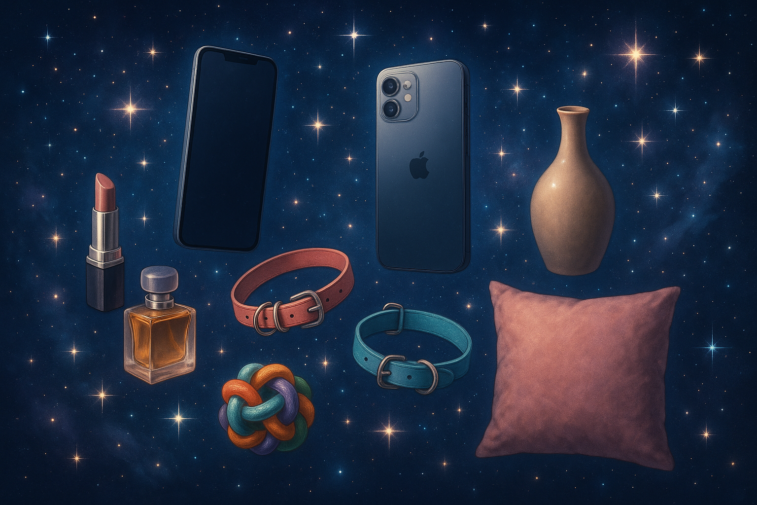 UN CIELO ESTRALLADO DONDE RESALTEN ACCESORIOS DE CONSUMOS GENERAL COMO CELULARES,COSAS PARA MASCOTAS EL HOGAR LA BELLEZA